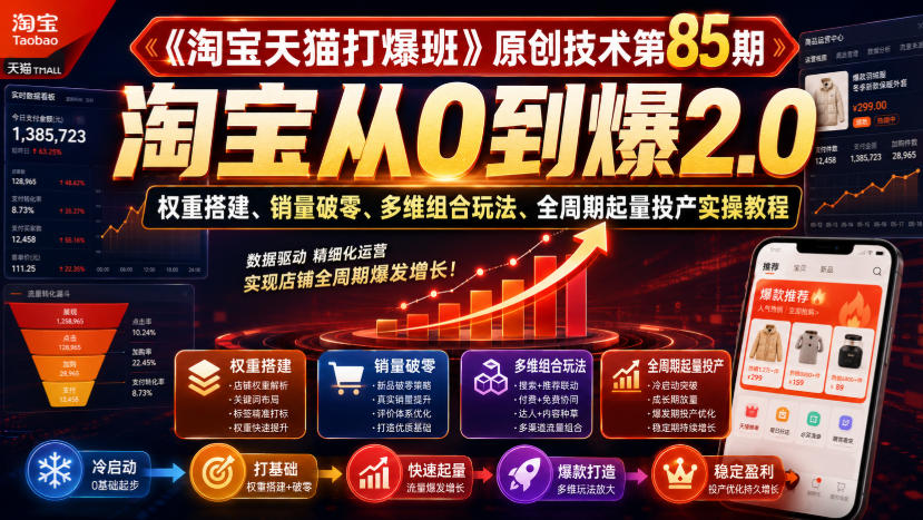《淘宝天猫打爆班》原创技术第85期，淘宝从0到爆2.0，权重搭建、销量破零、多维组合玩法、全周期起量投产实操教程-知享资源网