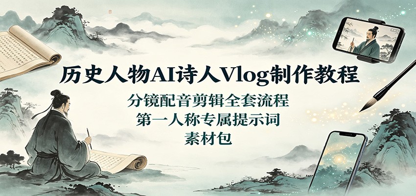 历史人物AI诗人Vlog制作教程：分镜配音剪辑全套流程，第一人称专属提示词素材包-知享资源网