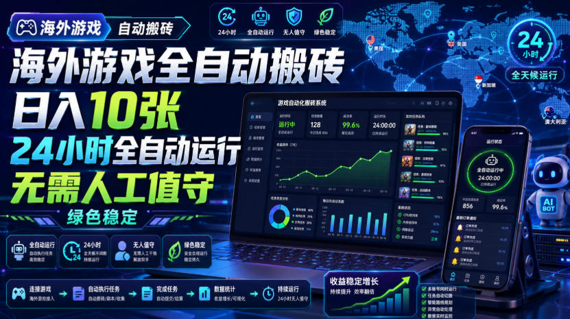 海外游戏全自动搬砖，日入10张，24小时全自动运行，无需人工值守，绿色稳定！【揭秘】-知享资源网