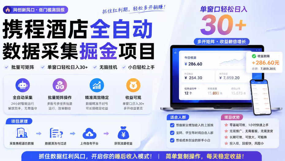 携程酒店采集挂G项目，批量可矩阵，单机轻松日入300+，开启你的睡后收入模式!【揭秘】-知享资源网