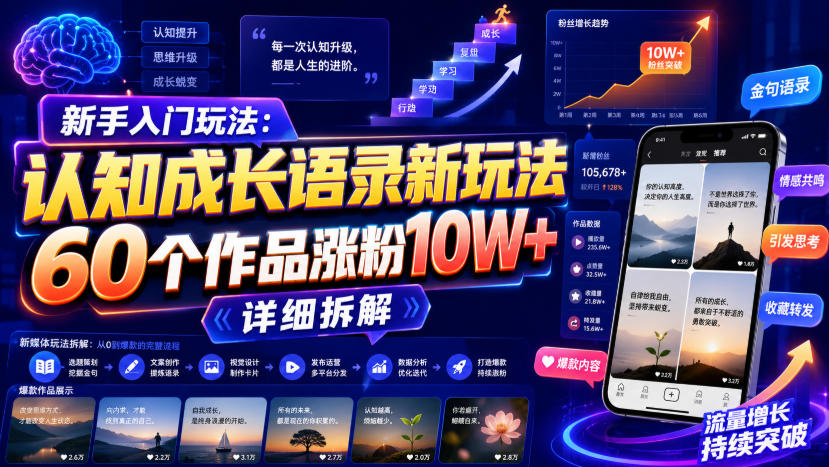 新手入门玩法：认知成长语录新玩法，60个作品涨粉10W+，详细拆解-知享资源网