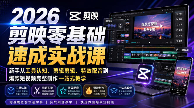 2026剪映零基础速成实战课｜新手从工具认知、剪辑剪辑、特效配音到爆款短视频完整制作一站式教学-知享资源网