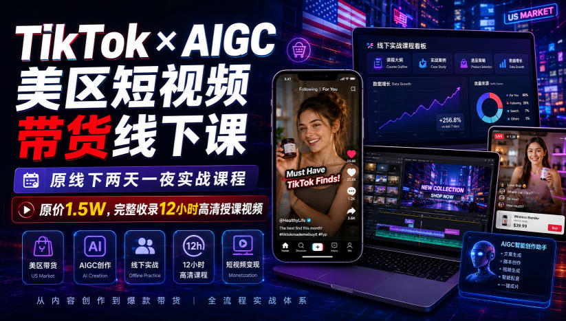 TikTok×AIGC美区短视频带货线下课，原线下两天一夜实战课程，原价1.5W，完整收录12小时高清授课视频-知享资源网