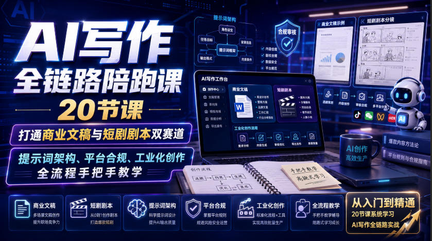 AI写作全链路陪跑课｜20节课打通商业文稿与短剧剧本双赛道，提示词架构、平台合规、工业化创作全流程手把手教学-知享资源网