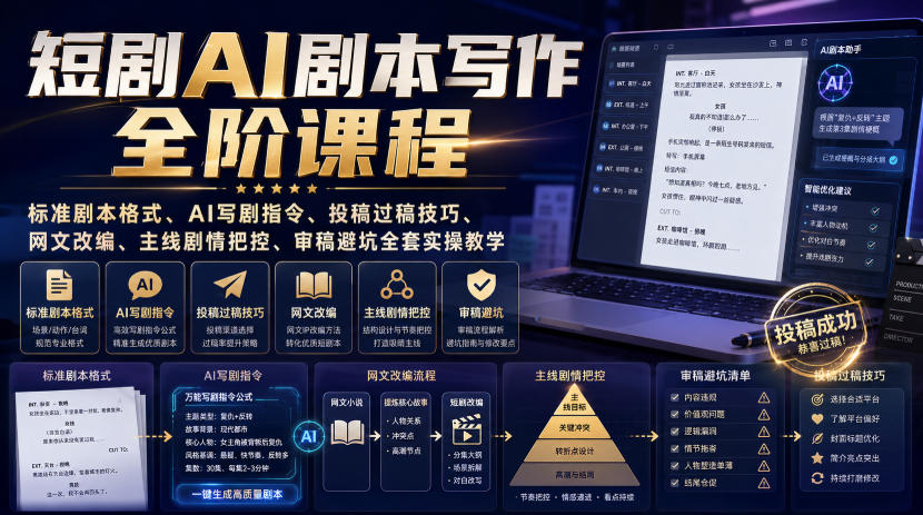 短剧AI剧本写作全阶课程｜标准剧本格式、AI写剧指令、投稿过稿技巧、网文改编、主线剧情把控、审稿避坑全套实操教学-知享资源网
