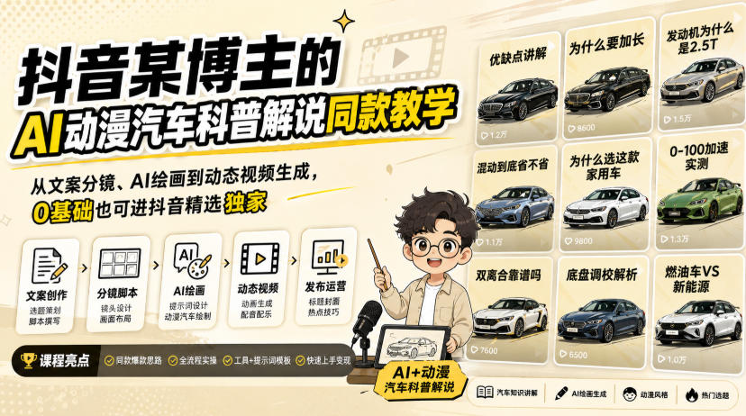 抖音某博主的AI动漫汽车科普解说同款教学，从文案分镜、AI绘画到动态视频生成，0基础解锁抖音精选独家收益-知享资源网