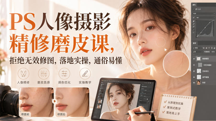 PS人像摄影精修磨皮课，拒绝无效修图，落地实操，通俗易懂-知享资源网