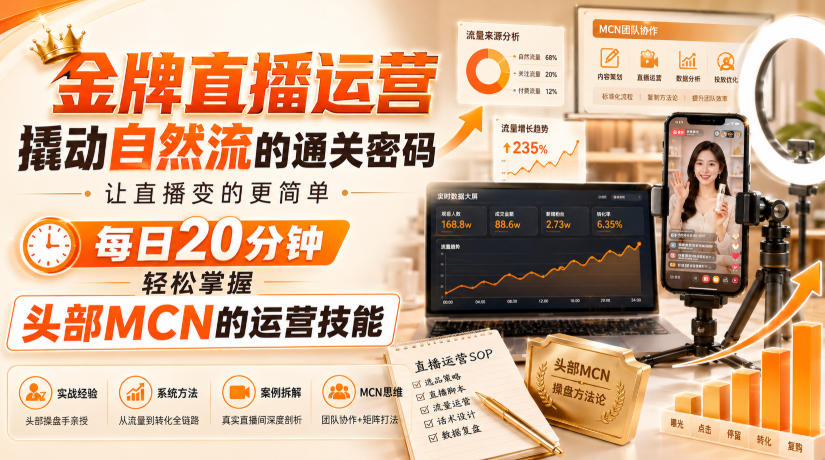 金牌直播运营撬动自然流的通关密码，让直播变的更简单，每日20分钟，轻松掌握头部MCN的运营技能-知享资源网