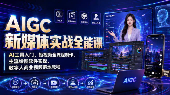 AIGC新媒体实战全能课｜AI工具入门、短视频全流程制作、主流绘图软件实操、数字人商业视频落地教程-知享资源网
