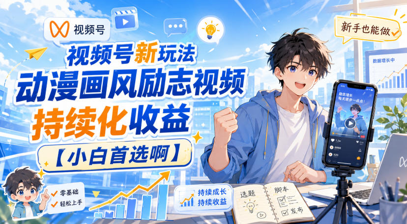 视频号新玩法动漫画风励志视频，持续化收益【小白首选啊】-知享资源网