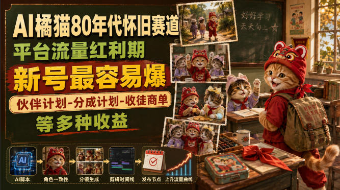 AI橘猫80年代怀旧赛道，平台流量红利期，新号最容易爆，伙伴计划-分成计划-收徒商单等多种收益-知享资源网