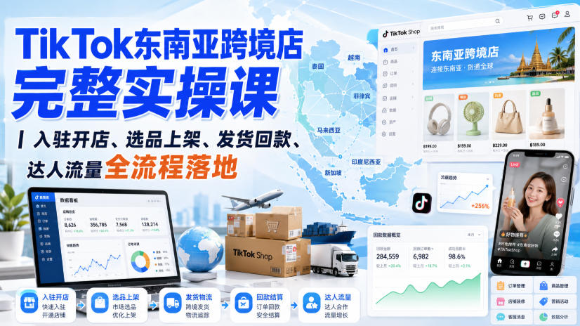 TikTok东南亚跨境店完整实操课｜入驻开店、选品上架、发货回款、达人流量全流程落地-知享资源网