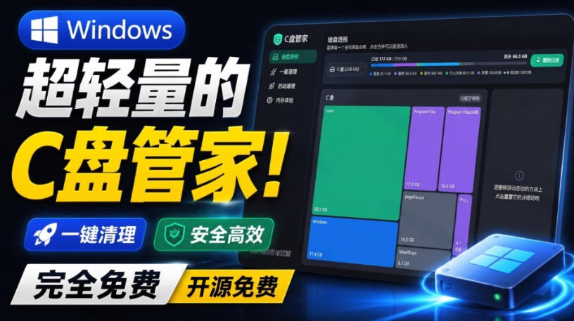 Windows超轻量的C盘管家！超级有特点，支持磁盘分析及清理提醒，2M大小体积，完全免费C盘管家-知享资源网