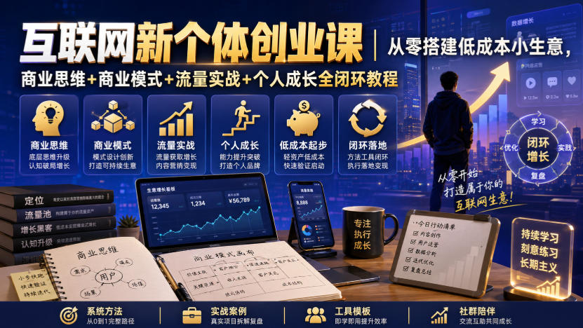 互联网新个体创业课｜从零搭建低成本小生意，商业思维+商业模式+流量实战+个人成长全闭环教程-知享资源网