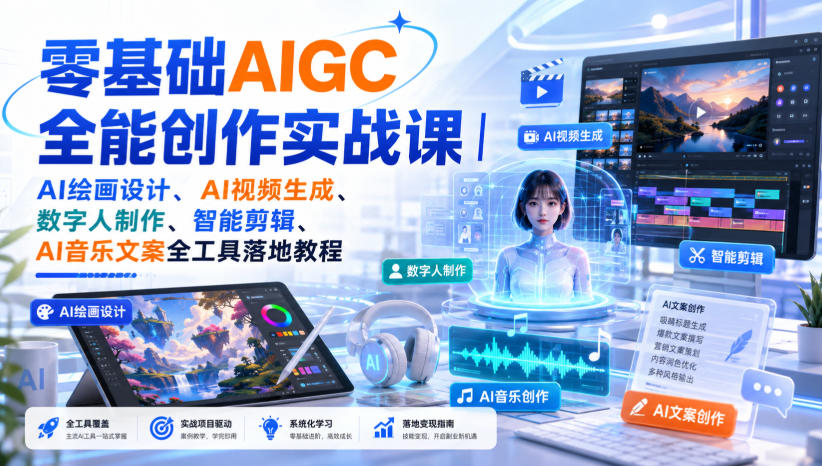零基础AIGC全能创作实战课｜AI绘画设计、AI视频生成、数字人制作、智能剪辑、AI音乐文案全工具落地教程-知享资源网