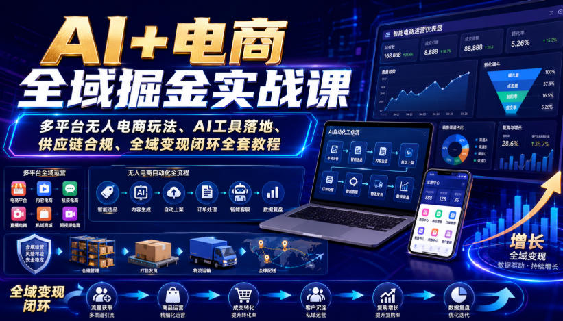 AI+电商全域掘金实战课｜多平台无人电商玩法、AI工具落地、供应链合规、全域变现闭环全套教程-知享资源网