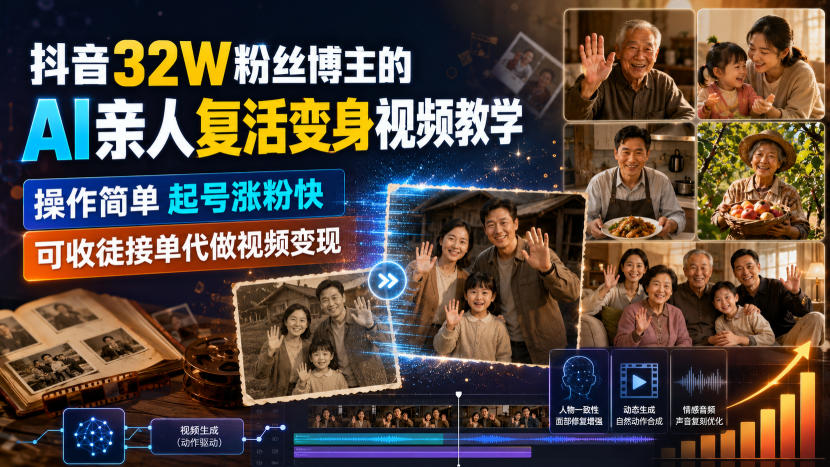 抖音32W粉丝博主的AI亲人复活变身视频教学，操作简单，起号涨粉快，可收徒接单代做视频变现-知享资源网