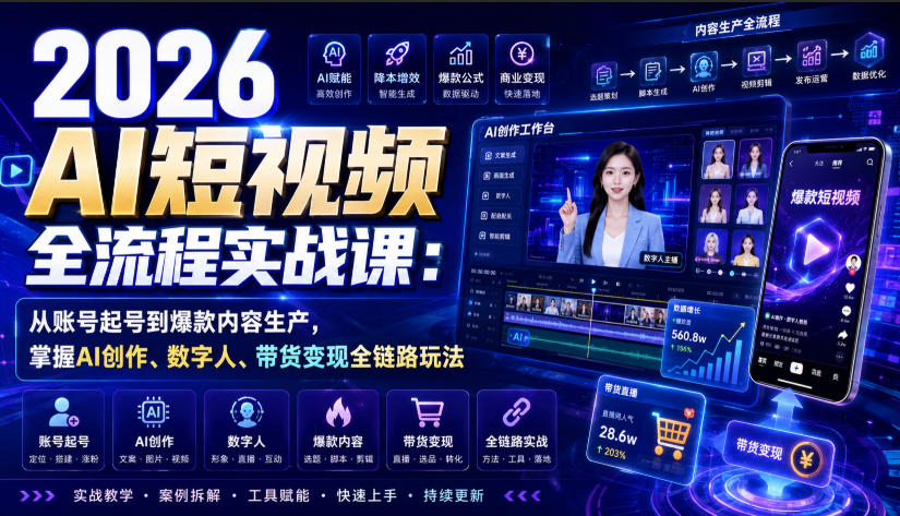 2026 AI短视频全流程实战课：从账号起号到爆款内容生产，掌握AI创作、数字人、带货变现全链路玩法-知享资源网