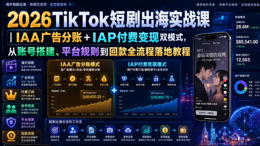 2026TikTok短剧出海实战课｜IAA广告分账+IAP付费变现双模式，从账号搭建、平台规则到回款全流程落地教程-知享资源网