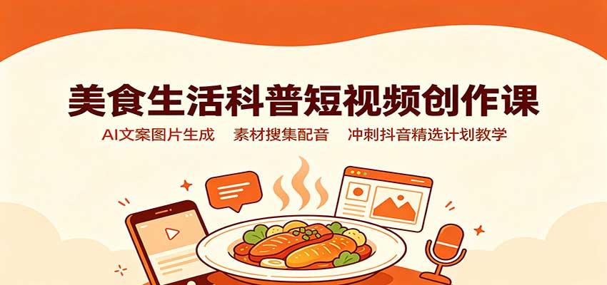 美食生活科普短视频创作课：AI文案图片生成，素材搜集配音，冲刺抖音精选计划教学-知享资源网