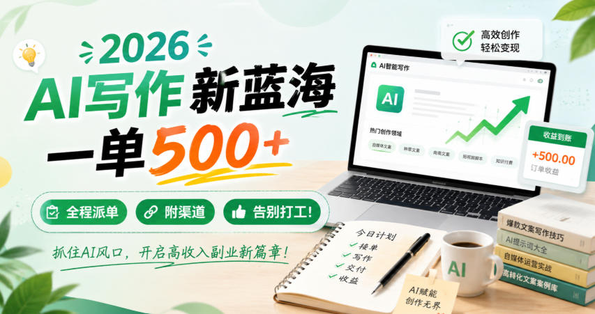2026 AI写作新蓝海，一单500+，全程派单，附渠道，告别打工！【揭秘】-知享资源网