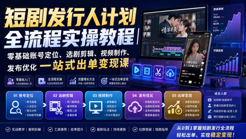 短剧发行人计划全流程实操教程｜零基础账号定位、选剧剪辑、视频制作、发布优化一站式出单变现课​-知享资源网