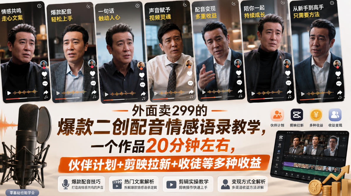 外面卖299的爆款二创配音情感语录教学，一个作品20分钟左右，伙伴计划+剪映拉新+收徒等多种收益-知享资源网