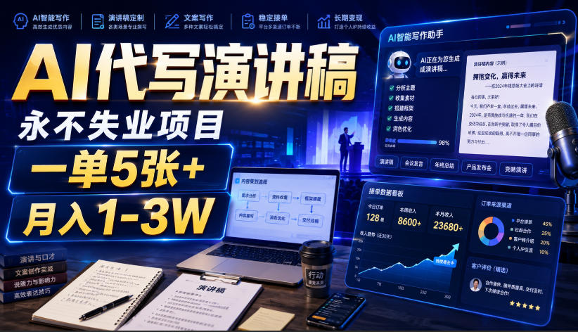 AI代写演讲稿，永不失业项目，一单5张+，月入1-3W【揭秘】-知享资源网