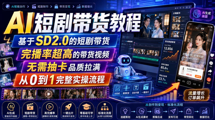 AI短剧带货教程，基于SD2.0的短剧带货，完播率超高的带货视频，无需抽卡品质拉满，从0到1完整实操流程-知享资源网