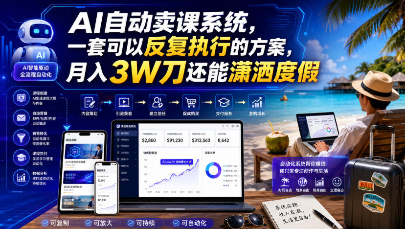 AI自动卖课系统，一套可以反复执行的方案，月入3W刀还能潇洒度假【原创双语字幕】-知享资源网