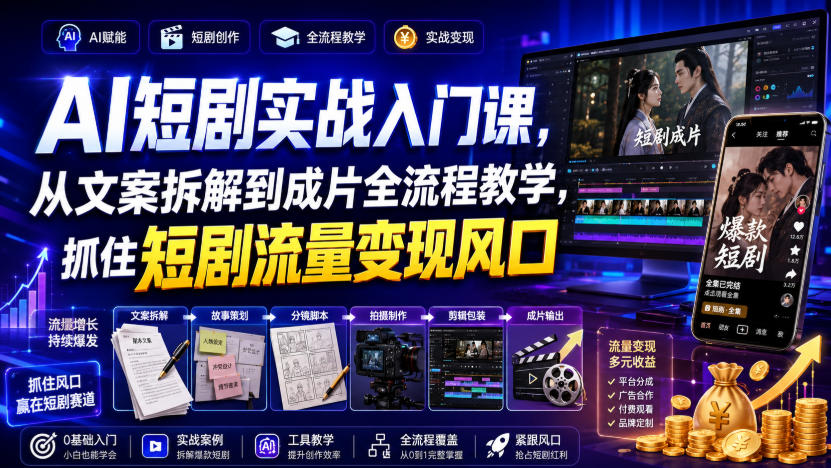 AI短剧实战入门课，从文案拆解到成片全流程教学，抓住短剧流量变现风口-知享资源网