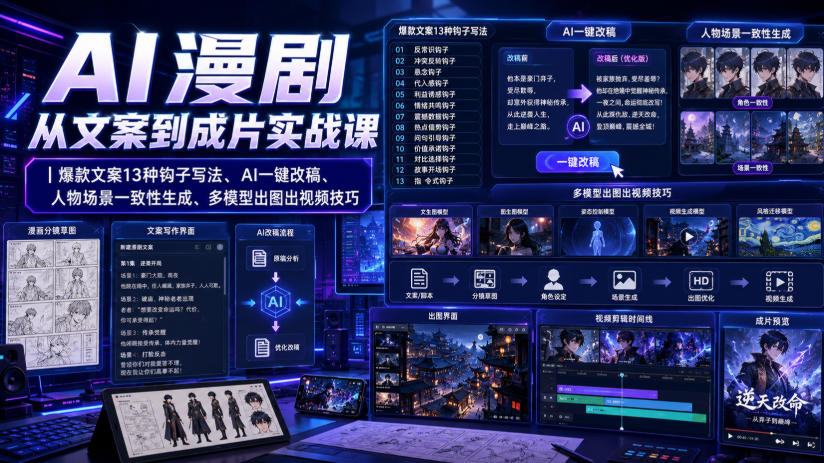 AI漫剧从文案到成片实战课｜爆款文案13种钩子写法、AI一键改稿、人物场景一致性生成、多模型出图出视频技巧-知享资源网