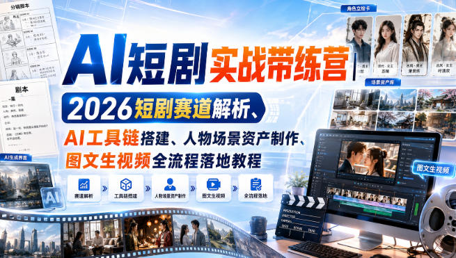 AI短剧实战带练营｜2026短剧赛道解析、AI工具链搭建、人物场景资产制作、图文生视频全流程落地教程-知享资源网