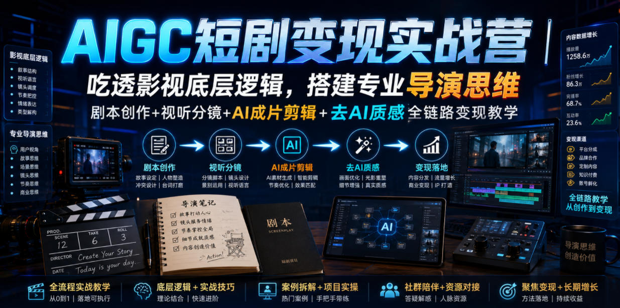 AIGC短剧变现实战营｜吃透影视底层逻辑，搭建专业导演思维，剧本创作+视听分镜+AI成片剪辑+去AI质感全链路变现教学-知享资源网