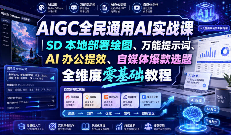 AIGC全民通用AI实战课｜SD本地部署绘图、万能提示词、AI办公提效、自媒体爆款选题全维度零基础教程-知享资源网