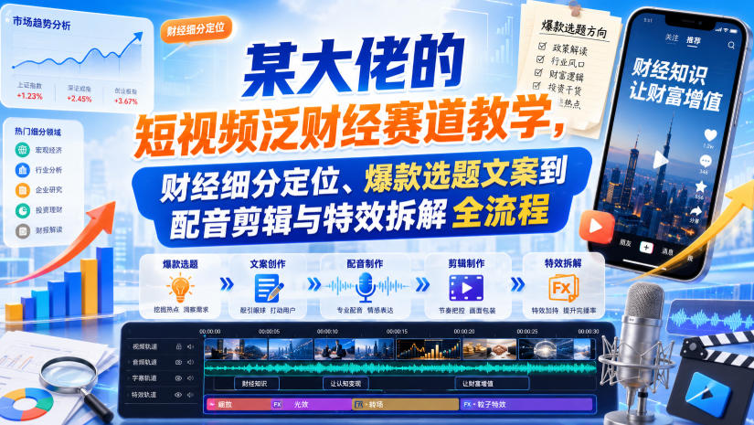 某大佬的短视频泛财经赛道教学，财经细分定位、爆款选题文案到配音剪辑与特效拆解全流程-知享资源网