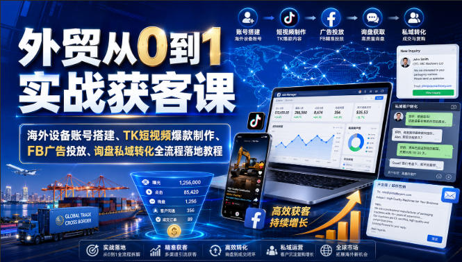 外贸从0到1实战获客课｜海外设备账号搭建、TK短视频爆款制作、FB广告投放、询盘私域转化全流程落地教程-知享资源网