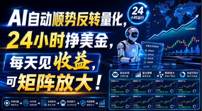 AI自动顺势反转量化，24小时挣美金，每天见收益，可矩阵放大！【揭秘】-知享资源网