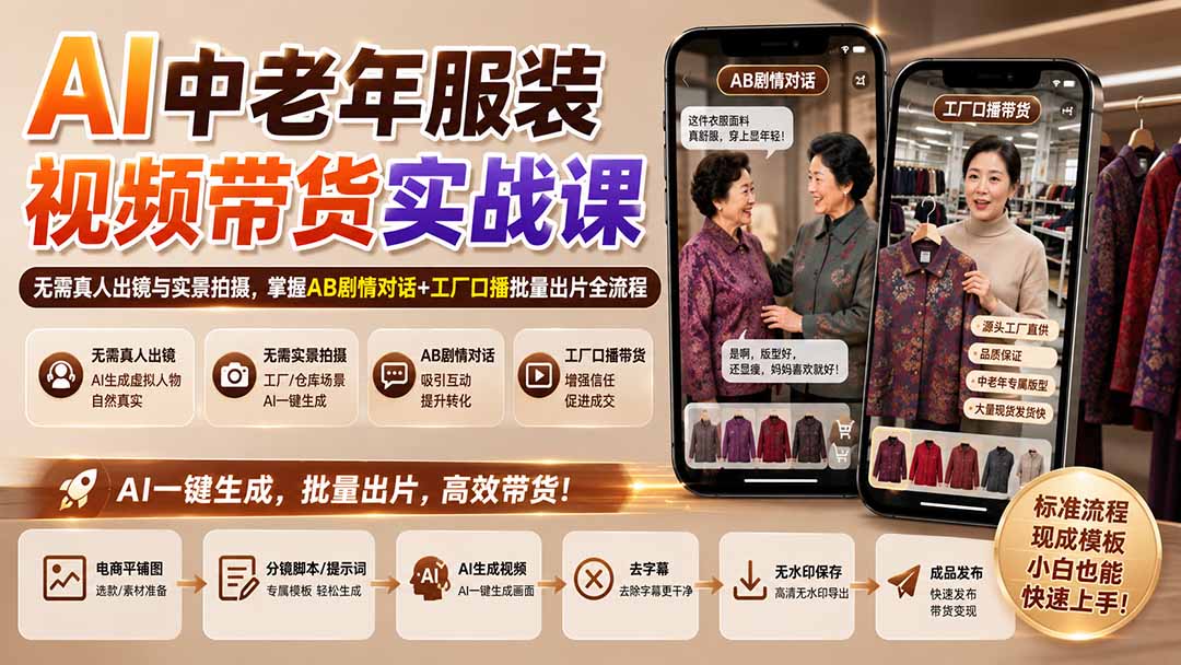 （20198期）AI中老年服装视频带货实战课：无需真人出镜与实景拍摄，掌握AB剧情对话+工厂口播批量出片全流程-知享资源网