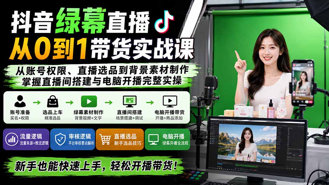 （20224期）抖音绿幕直播从0到1带货实战课：从账号权限、直播选品到背景素材制作，掌握直播间搭建与电脑开播完整实操-知享资源网