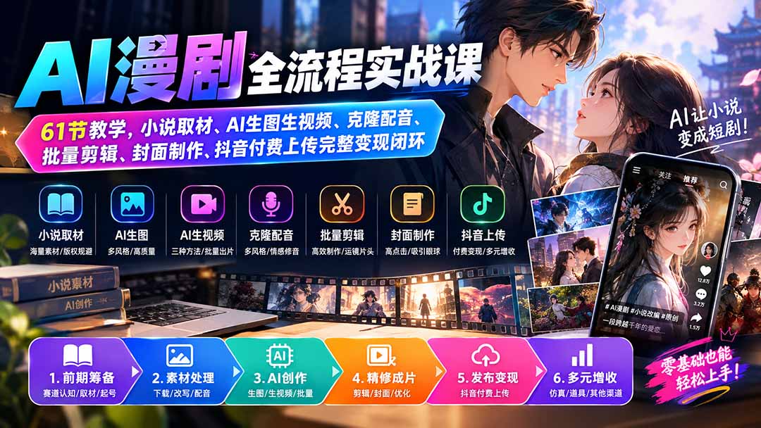 （20199期）AI漫剧全流程实战课｜61节教学，小说取材、AI生图生视频、克隆配音、批量剪辑、封面制作、抖音付费上传完整变现闭环-知享资源网