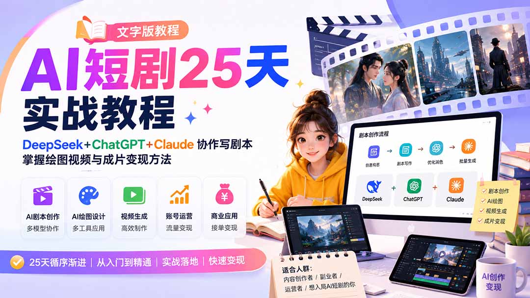 （20225期）AI短剧25天实战教程（文字版教程）：DeepSeek+ChatGPT+Claude协作写剧本，掌握绘图视频与成片变现方法-知享资源网