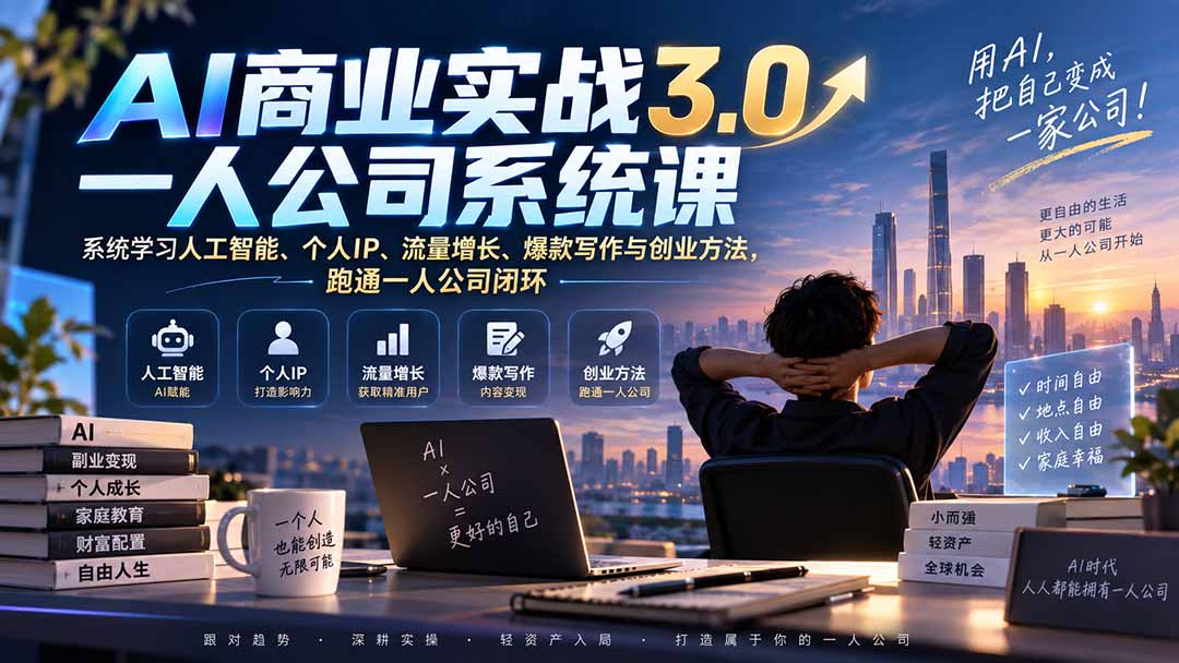 （20249期）AI商业实战3.0一人公司系统课：系统学习人工智能、个人IP、流量增长、爆款写作与创业方法，跑通一人公司闭环-知享资源网