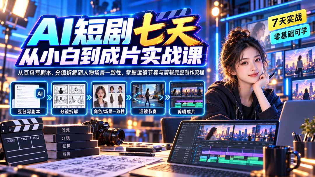 （20329期）AI短剧七天从小白到成片实战课：从豆包写剧本、分镜拆解到人物场景一致性，掌握运镜节奏与剪辑完整制作流程-知享资源网
