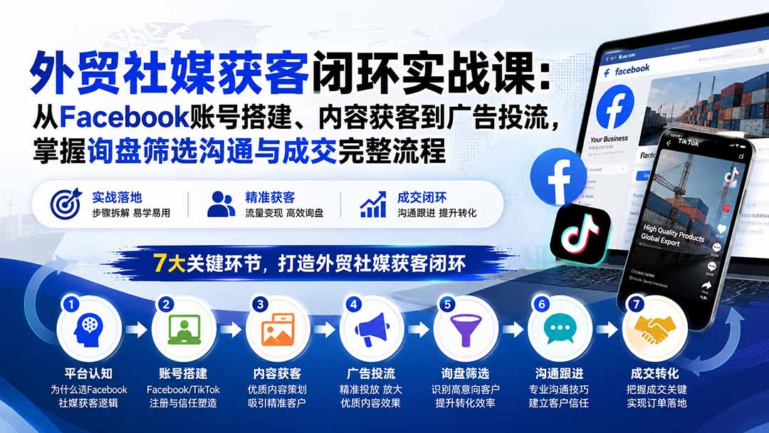 （20318期）外贸社媒获客闭环实战课：从Facebook账号搭建、内容获客到广告投流，掌握询盘筛选沟通与成交完整流程-知享资源网