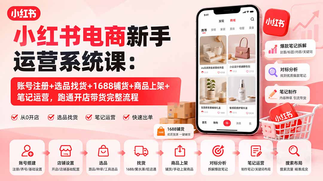 （20319期）小红书电商新手运营系统课：账号注册+选品找货+1688铺货+商品上架+笔记运营，跑通开店带货完整流程-知享资源网
