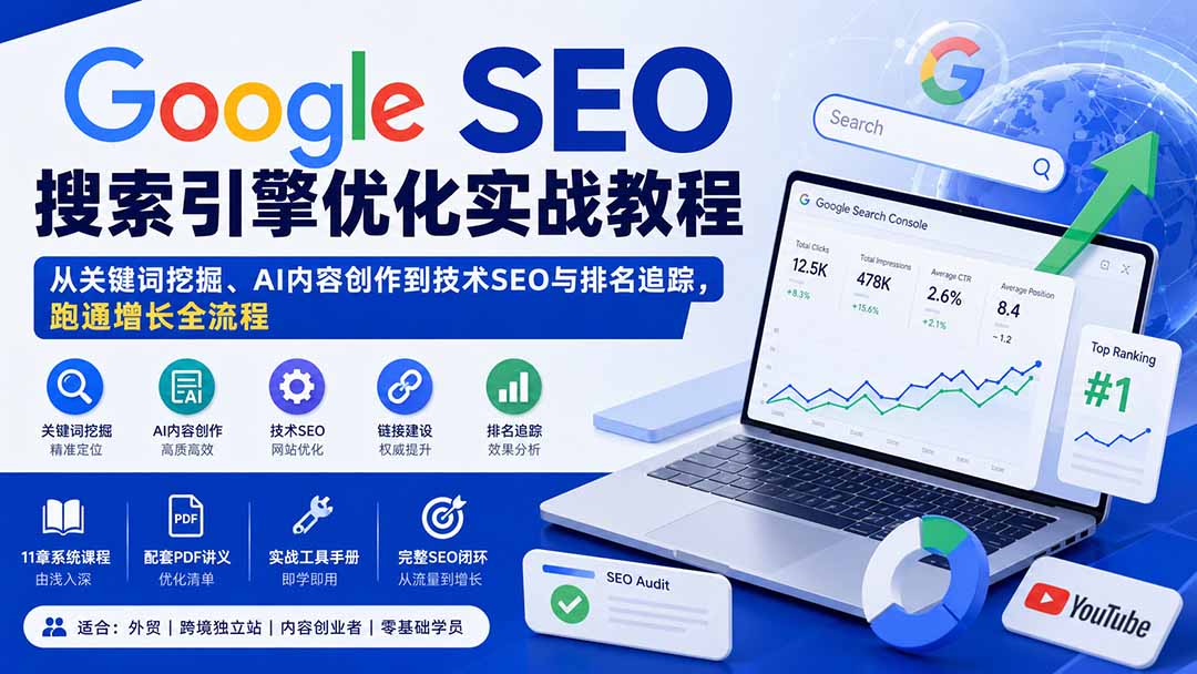 （20241期）Google SEO搜索引擎优化实战教程：从关键词挖掘、AI内容创作到技术SEO与排名追踪，跑通增长全流程-知享资源网